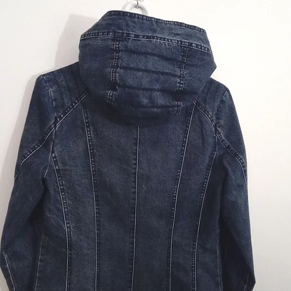 Oxygen Women's Hooded Long Moto Lined Denim Zip Up Jacket Pockets Small - Picture 11 of 14